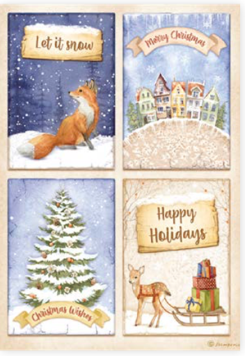 NEW Stamperia A4 Decoupage Winter Valley 4 Cards Fox DFSA4802