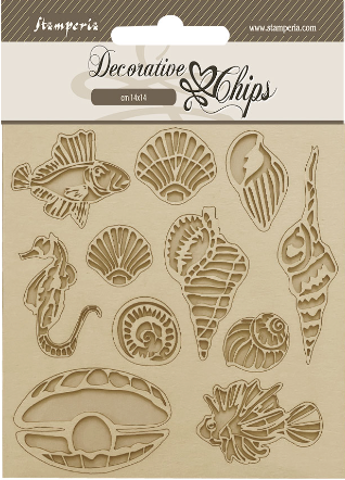 NEW Stamperia Decorative chips cm. 14x14 Songs of the Sea (Sea Shells and Fish) - SCB186 - Pre-order