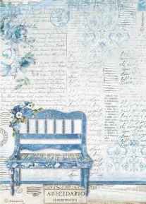 Stamperia A4 Decoupage Blue Land Bench 4 Cards DFSA4887