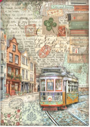 NEW Stamperia A4 Decoupage  Rice Paper  Art of Travelling Tram DFSA4975