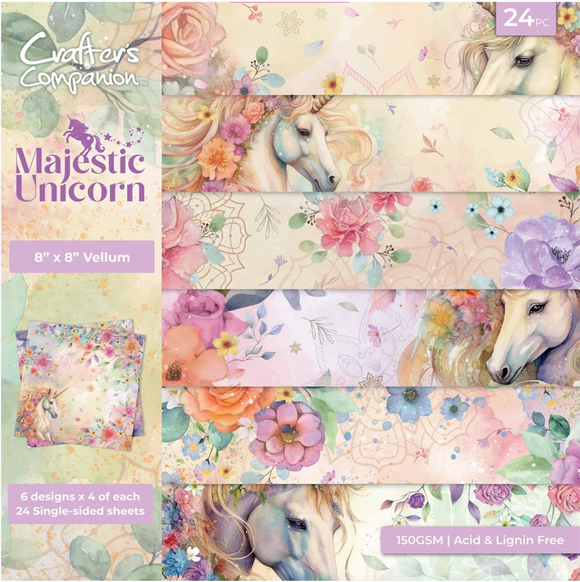 NEW Crafters Companion 8 x 8 Velum Scrapbooking Paper Pad Majestic Unicorn 24pc