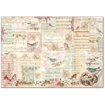 Stamperia 48 x 33 Decoupage Rice Paper -Sweet Christmas Notes & Sparrow DFS383
