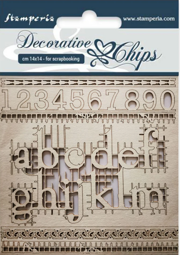 Stamperia Decorative chips cm. 14x14 Alphabet and Numbers - SCB24