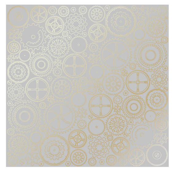 Fabrika Decoru 'Cogs and Gears Gray' 12x12 Gold Embossed Cardstock - FDFMP-17-003