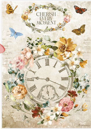 Stamperia A4 Decoupage  Rice Paper - Garden of Promises Cherish Every Moment Clock - DFSA4689
