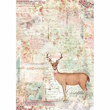Stamperia A4 Decoupage Rice Paper -  Pink Christmas Reindeer -  DFSA4319