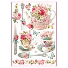 Stamperia A4 Decoupage Rice Paper - Flourished Cups and Teapots DFSA4295